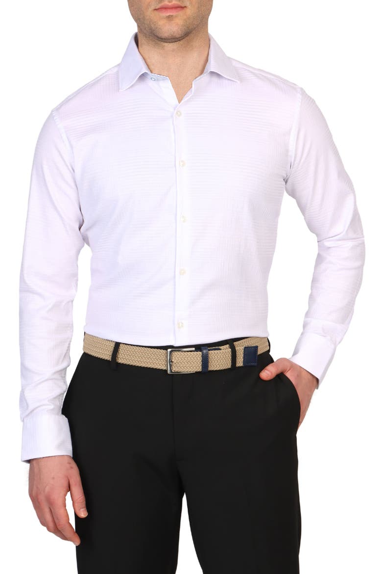 Trim Fit Textured Check Non-Iron Stretch Dress Shirt, Main, color, WHITE