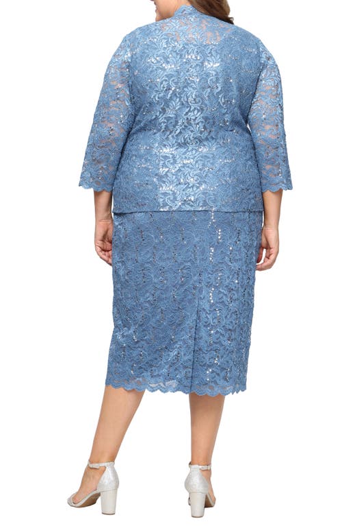 Sl Fashions Slny Floral Lace Sequin Cardigan & Dress Set In Blue