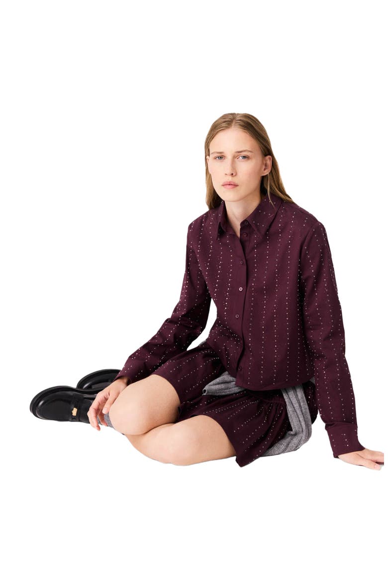 Cropped rhinestone cotton shirt, Alternate, color, Burgundy