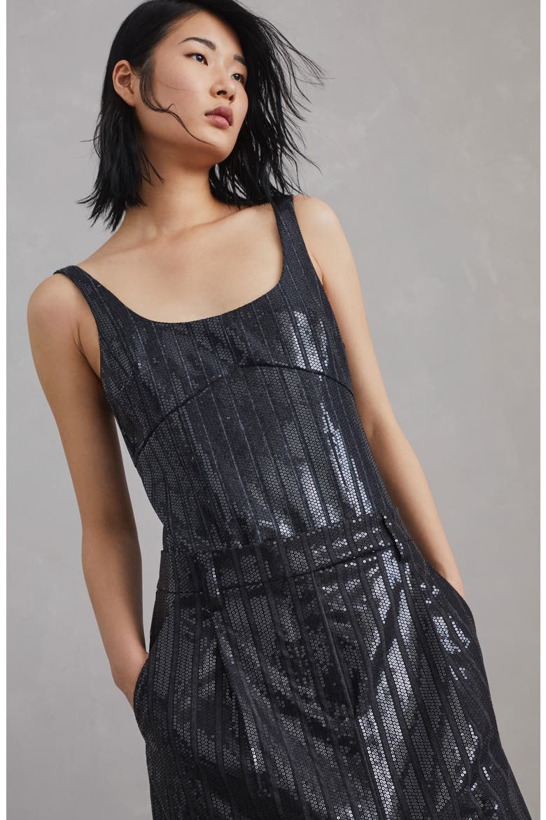 Comfort virgin wool chalk stripe sartorial column skirt with dazzling embroidery, Alternate, color, Dark Grey