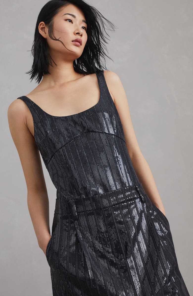 Brunello Cucinelli Comfort virgin wool chalk stripe sartorial column skirt with dazzling embroidery, Alternate, color, 