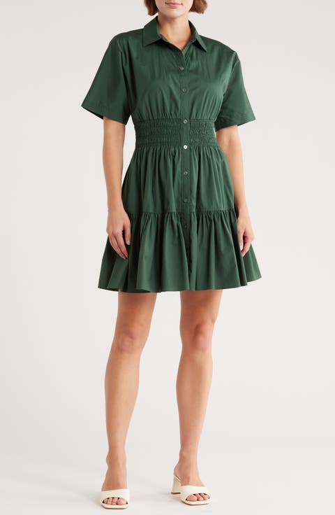 Greta Smocked Waist Ruffle Hem Shirtdress
