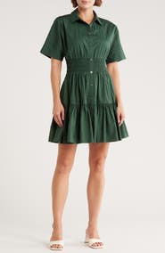 Veronica Beard Greta Smocked Waist Ruffle Hem Shirtdress