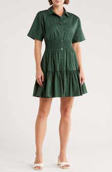 Veronica Beard Greta Smocked Waist Ruffle Hem Shirtdress