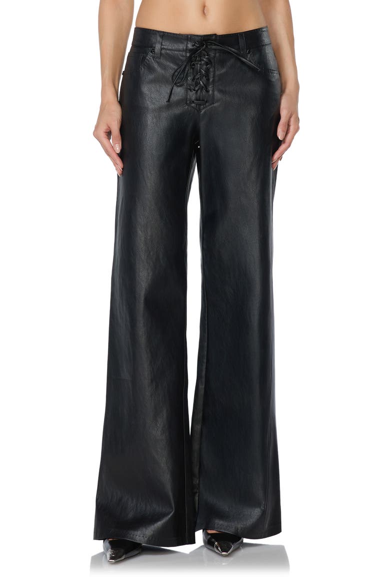 Lace Up Low Rise Flare Faux Leather Pants, Main, color, NOIR