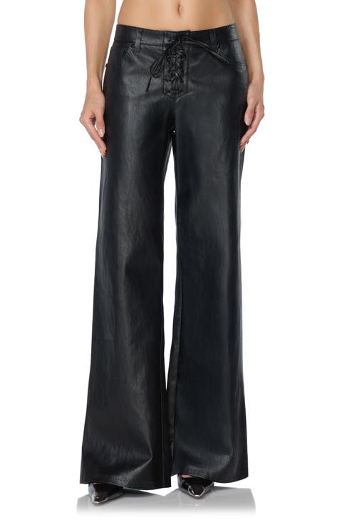 Lace Up Low Rise Flare Faux Leather Pants