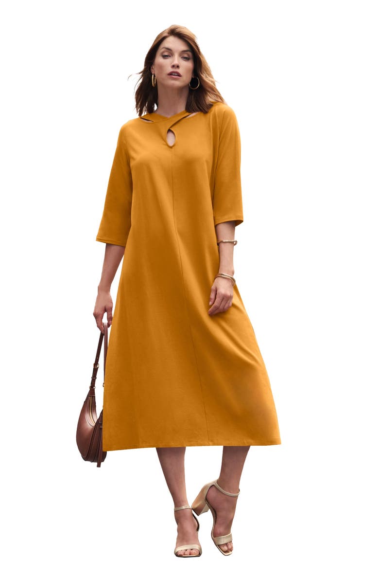 Jessica London KEYHOLE A-LINE T-SHIRT DRESS, Main, color, Rich Gold