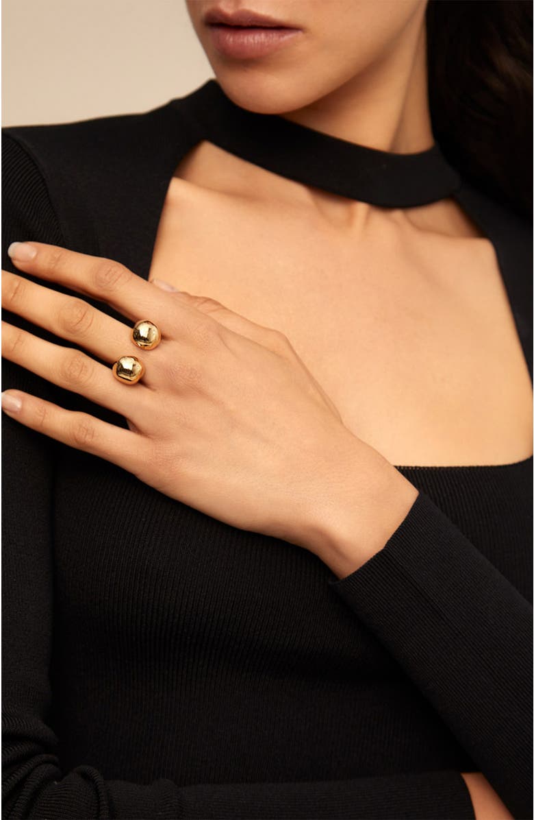 UNODE50 Open Ring with Two Beads, Alternate, color, Gold