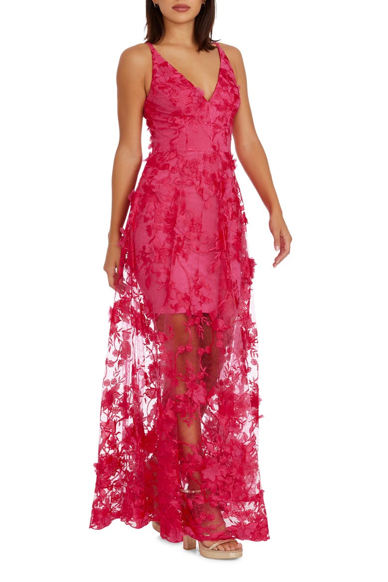 Sidney Deep V-Neck 3D Lace Gown, Alternate, color, BEGONIA