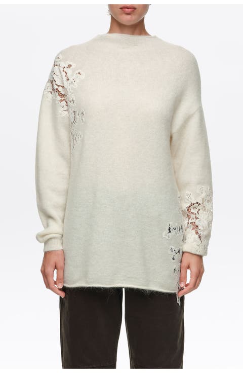 Alpaca High Neck Sweater with Lace