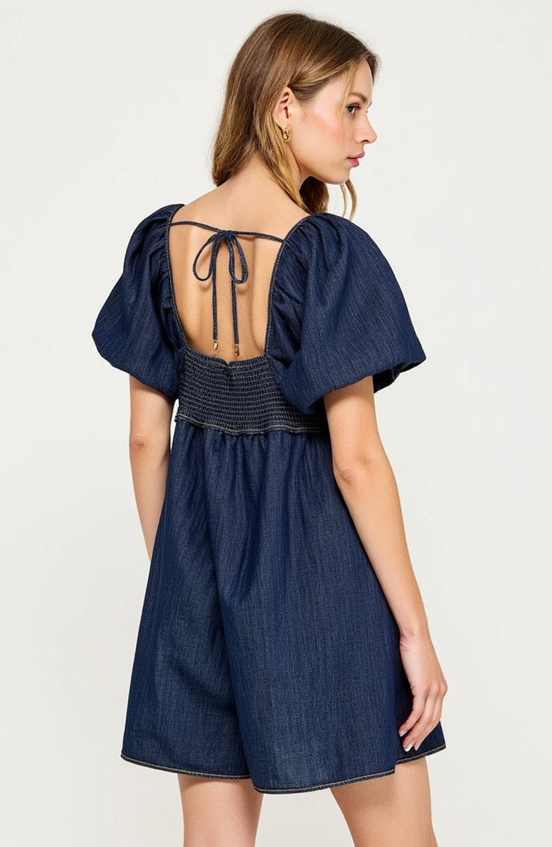 Modenaire Puff-Sleeve Romper with Tie Front, Alternate, color, Dark Blue