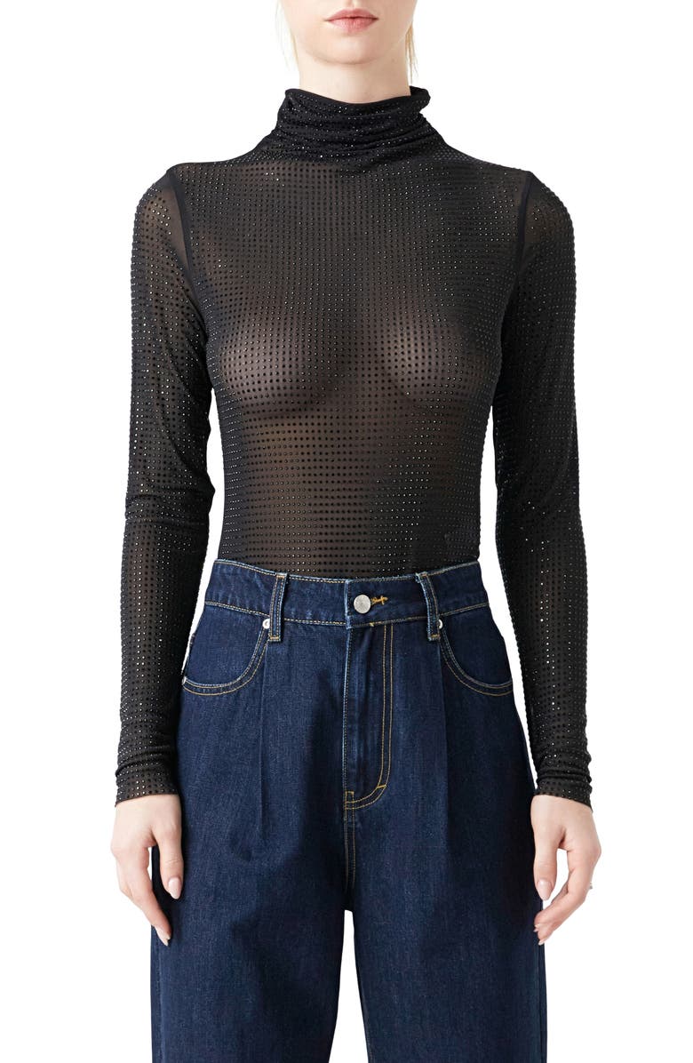 Endless Rose Embellished Mesh Turtleneck Bodysuit, Main, color, 
