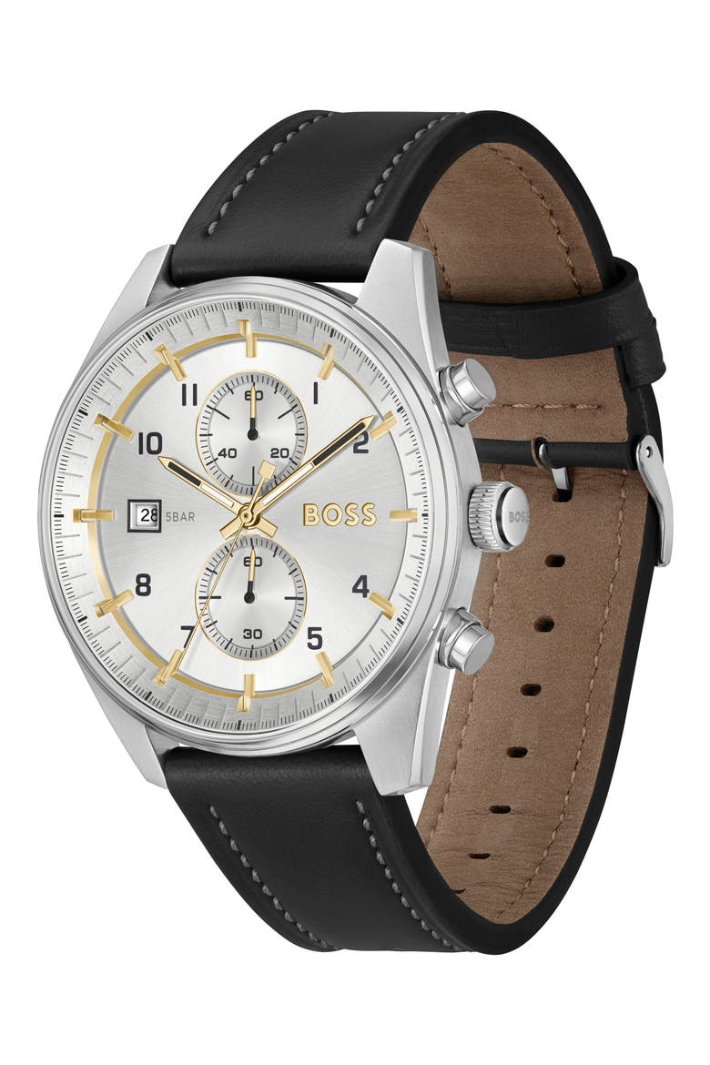 Skytraveller Chronograph Leather Strap Watch, 44mm, Alternate, color, SILVER DIAL