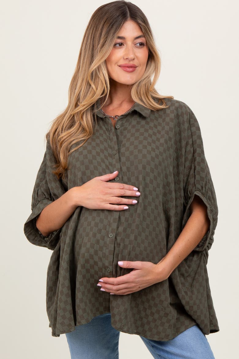 Checker Print Short Sleeve Oversized Blouse, Alternate, color, Olive Green