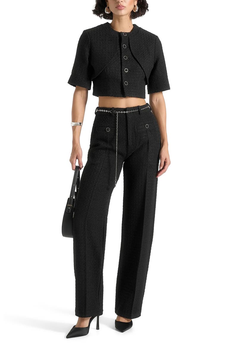 Alba Tweed Mock Neck Curve Detailing Top, Alternate, color, Black