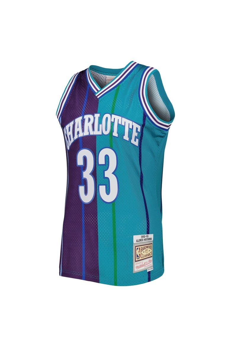 Men's Mitchell & Ness Alonzo Mourning Teal/Purple Charlotte Hornets Hardwood Classics 1992/93 Split Swingman Jersey, Alternate, color, Teal