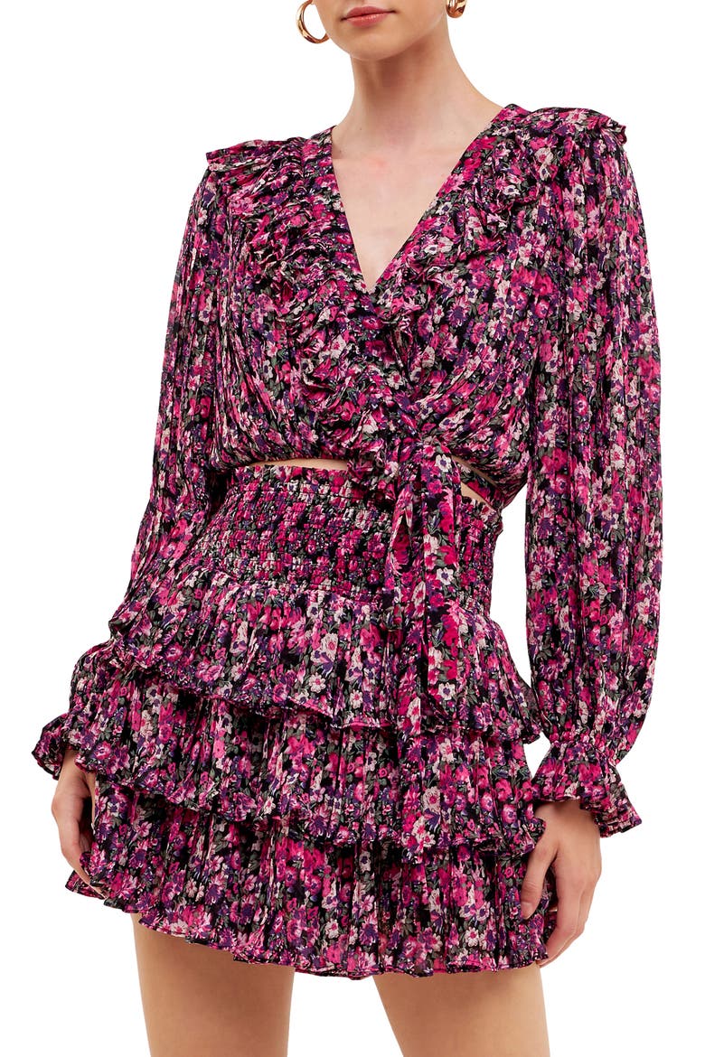 Floral Ruffle Wrap Crop Top, Main, color, BLACK/ FUCHSIA