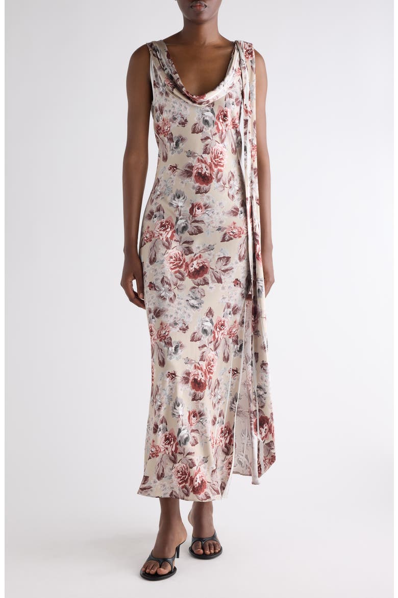 Floral Print Draped Cowl Neck Satin Midi Dress, Main, color, MULTI BEIGE