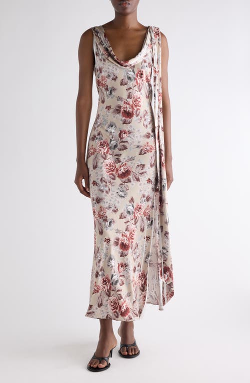 Acne Studios Floral Print Draped Cowl Neck Satin Midi Dress in Multi Beige at Nordstrom, Size 36