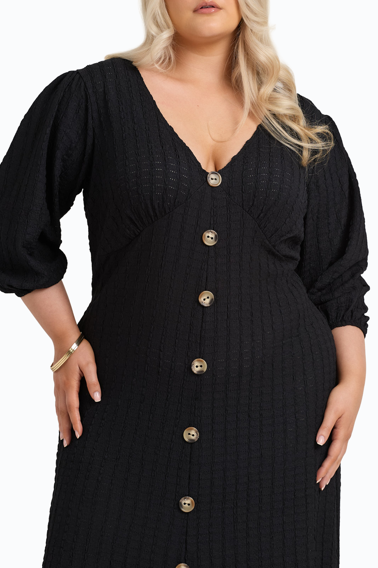 Balloon Sleeve Button Front Midi Dress, Alternate, color, Black