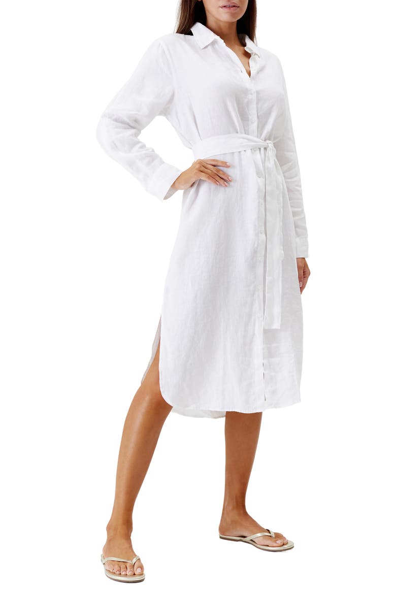 Dania Long Sleeve Linen Cover-Up Shirtdress, Main, color, WHITE