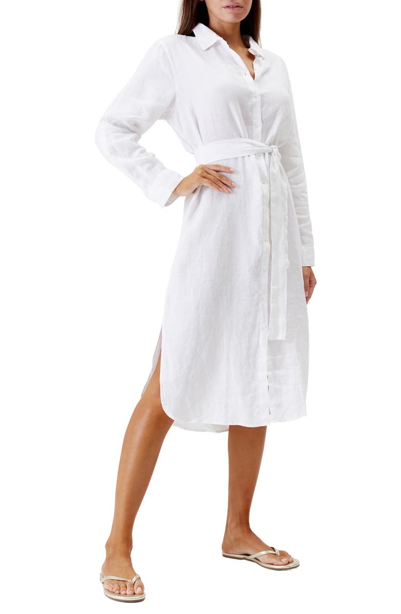Melissa Odabash Dania Long Sleeve Linen Cover-Up Shirtdress, Main, color, White