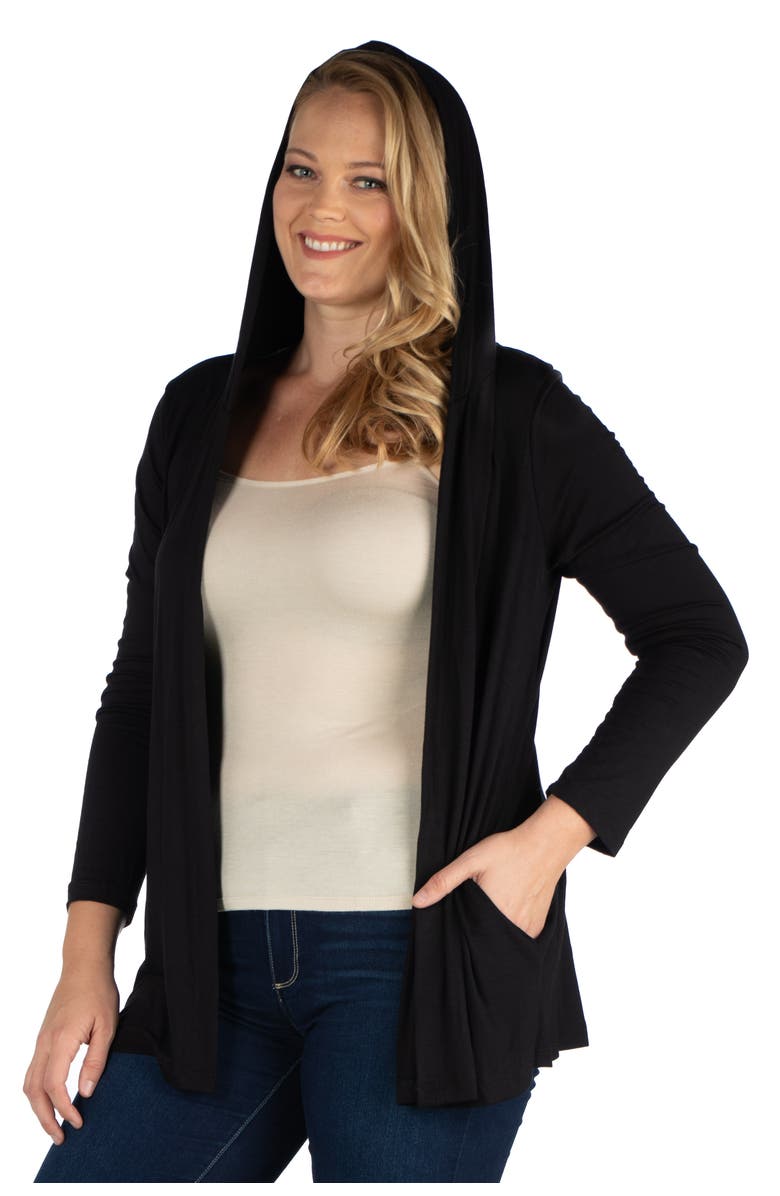 24seven Comfort Apparel Plus Size Open Front Lightweight Hooded Cardigan, Alternate, color, Black