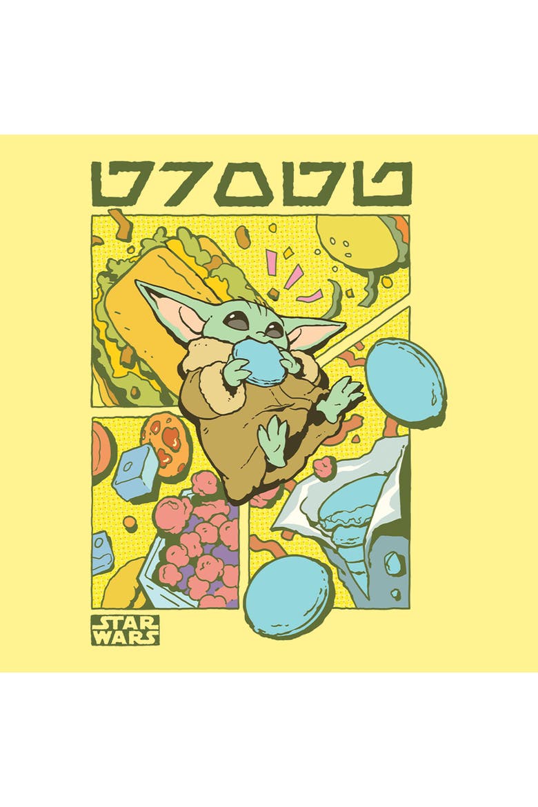 Mens Star Wars The Mandalorian and Grogu Space Snacks Retro Comic T Shirt, Alternate, color, Banana