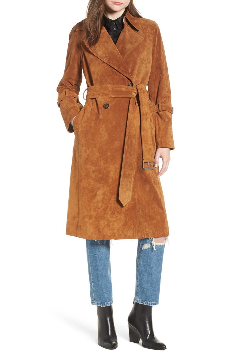 Genuine Suede Trench Coat, Main, color, BRANDY