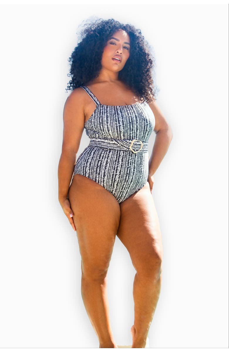 FASHION-SZN CURVE Square Neck Sculpting Belted Swimsuit, Alternate, color, Black