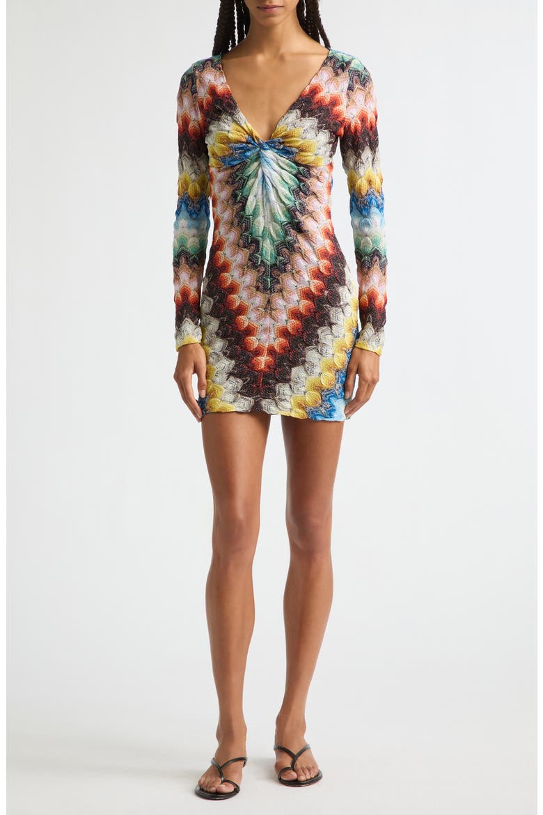 Lace Motif Lamé Long Sleeve Body-Con Minidress, Main, color, MULTICOLOR ON BLACK BASE