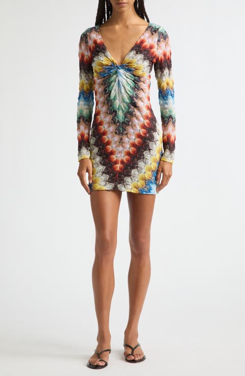 Lace Motif Lamé Long Sleeve Body-Con Minidress