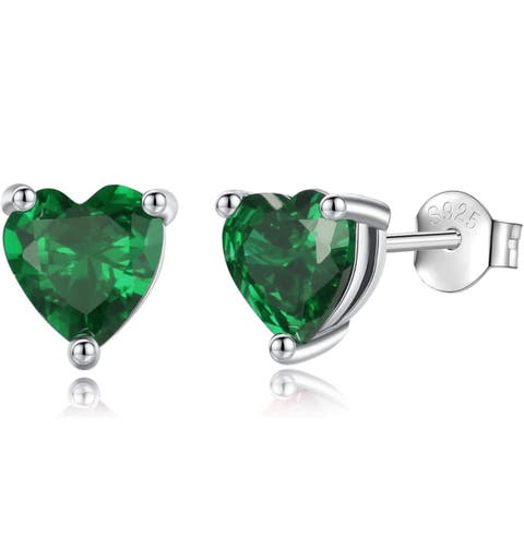 Solid Sterling Silver Created Gemstone Heart Stud Earrings