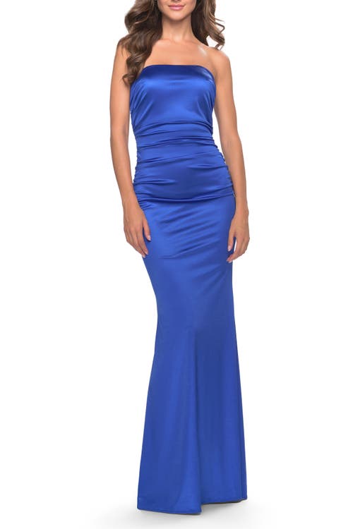 La Femme Chic Strapless Liquid Jersey Gown With Ruching In Royal Blue