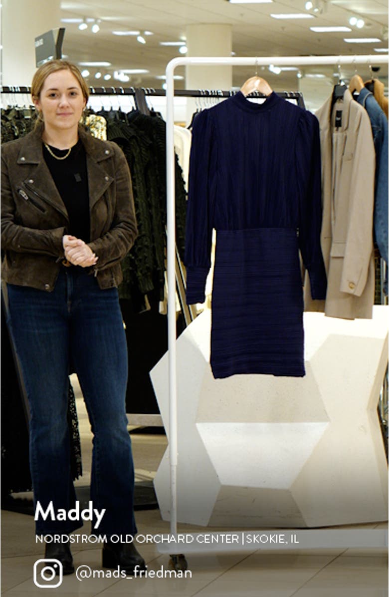 Aurora Long Sleeve Plissé Mock Neck Open Back Cocktail Dress, sales video thumbnail