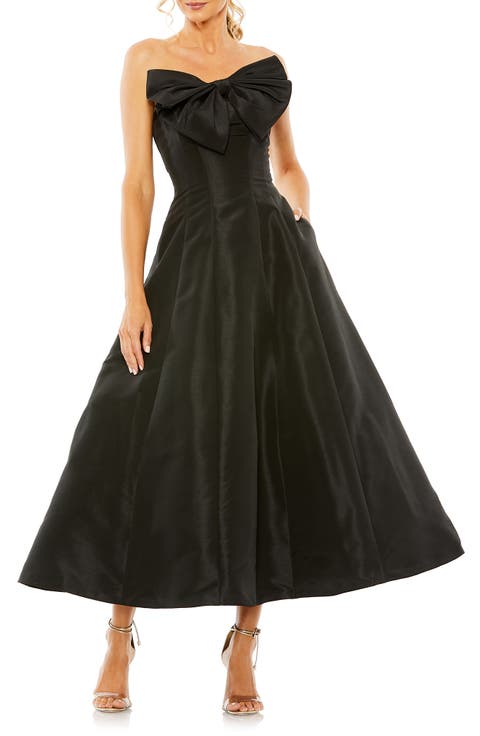 Strapless A-Line Tea Length Statement Bow Midi Dress
