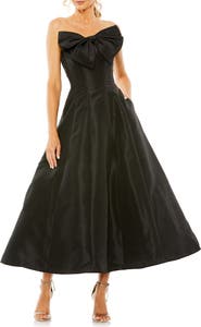 Mac Duggal Strapless A-Line Tea Length Statement Bow Midi Dress