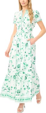 CeCe Print Smocked Waist Maxi Dress