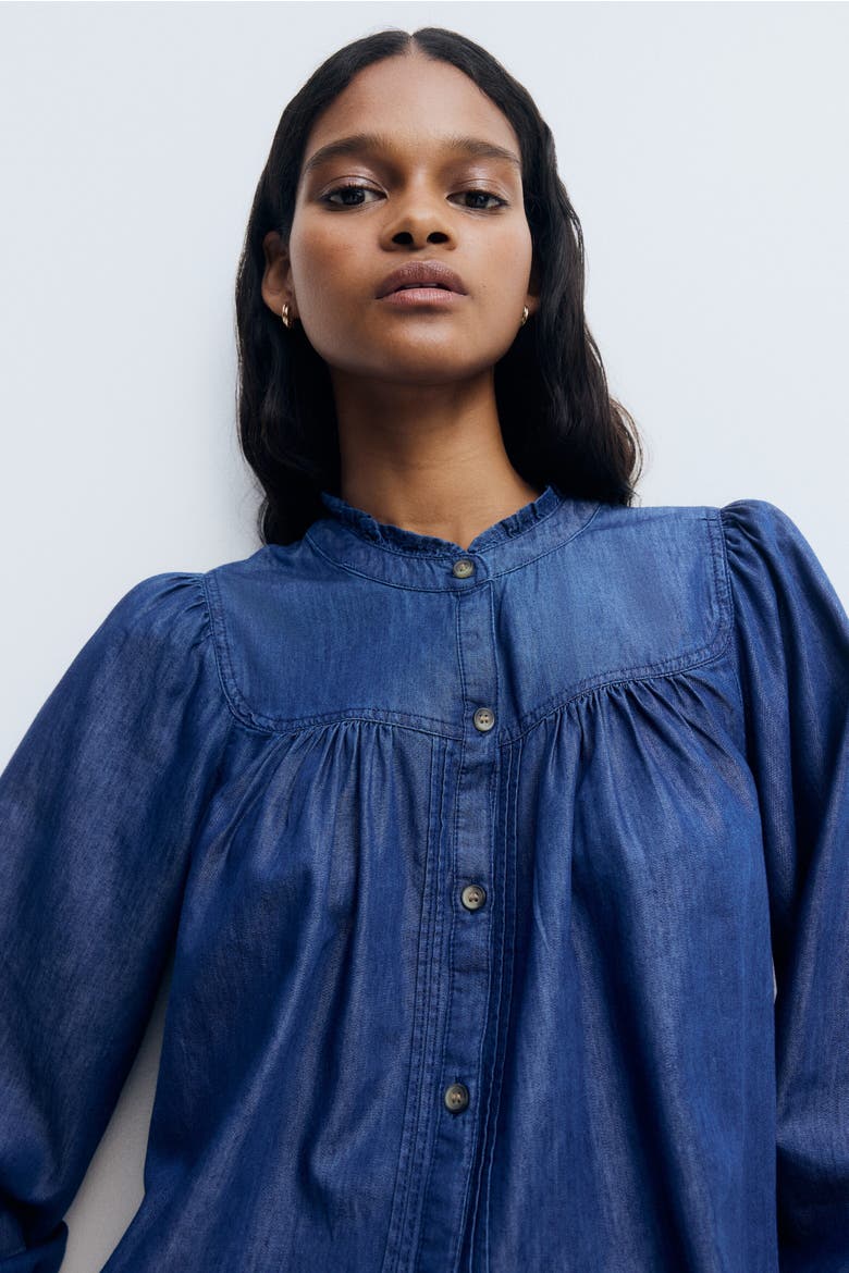 Frill-trimmed Denim Blouse, Main, color, Dark denim blue
