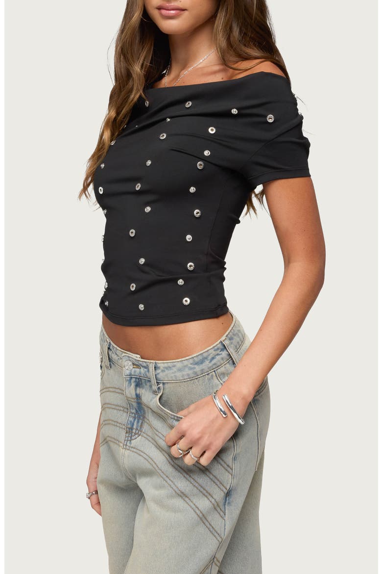 Bijou Metal Snap Stud Off the Shoulder Top, Alternate, color, BLACK