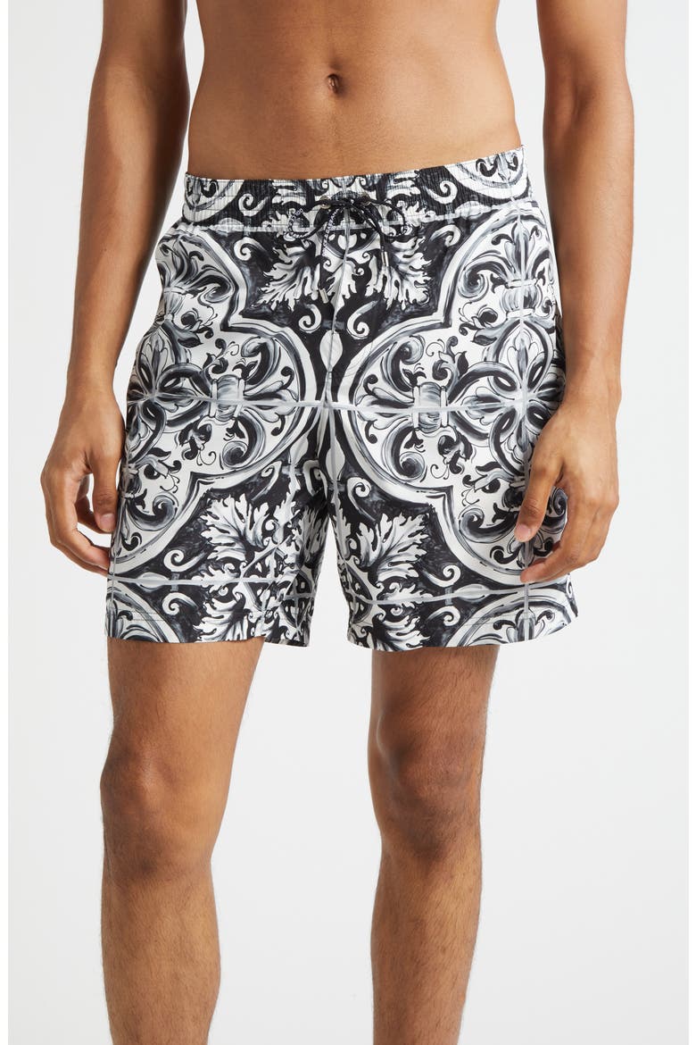 Majolica Print Swim Trunks, Main, color, HY5DQ MAIOLICA 2L NERO