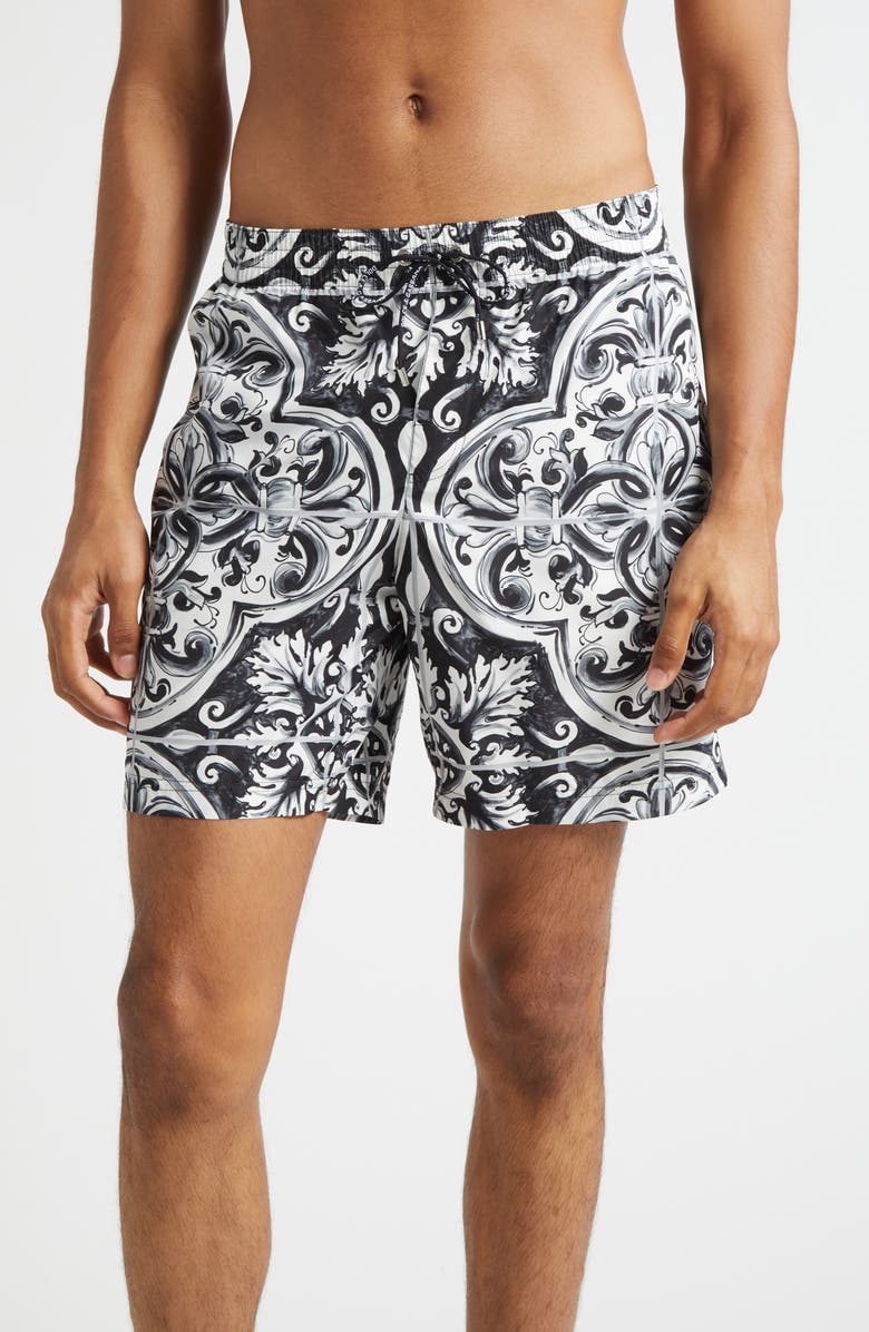 Dolce&Gabbana Majolica Print Swim Trunks, Main, color, Hy5dq Maiolica 2L Nero
