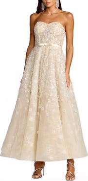 Mac Duggal Sequin Floral Strapless A Line Midi Dress