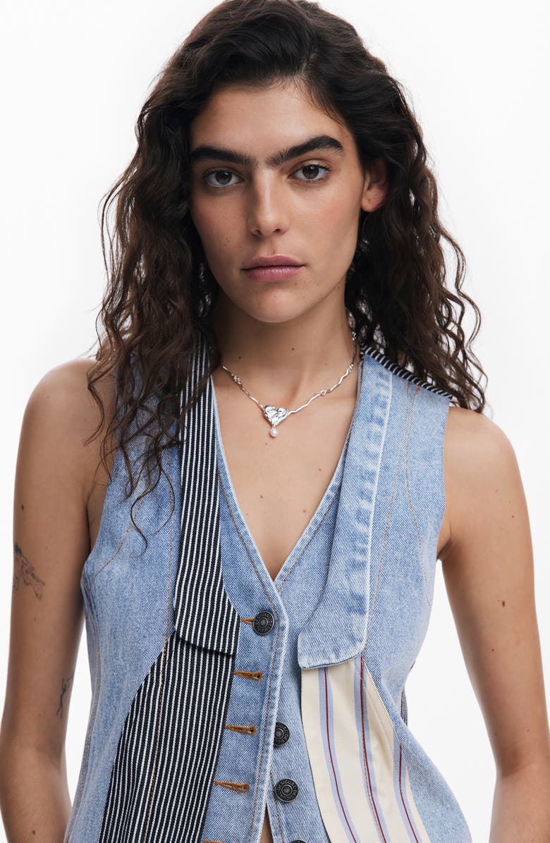 Desigual Patchwork Crop Denim Vest, Alternate, color, Blue