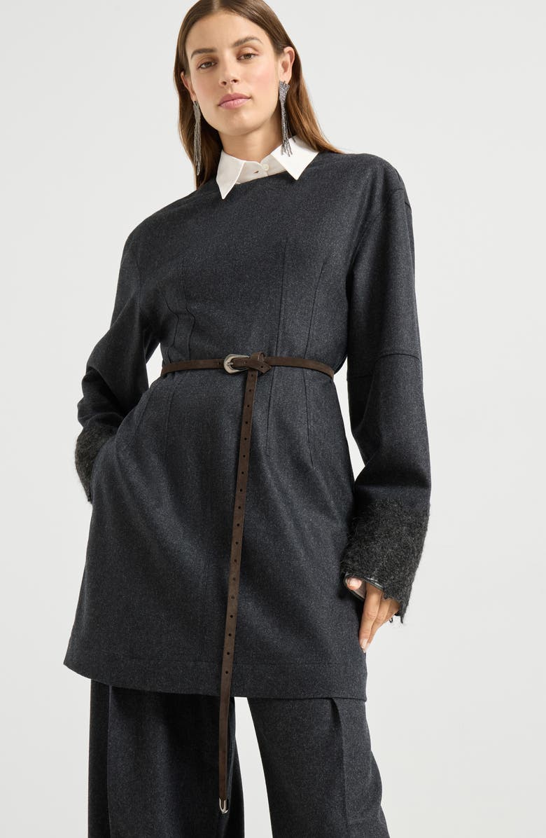 Brunello Cucinelli Mini dress with wispy lace cuffs, Alternate, color, Dark Grey