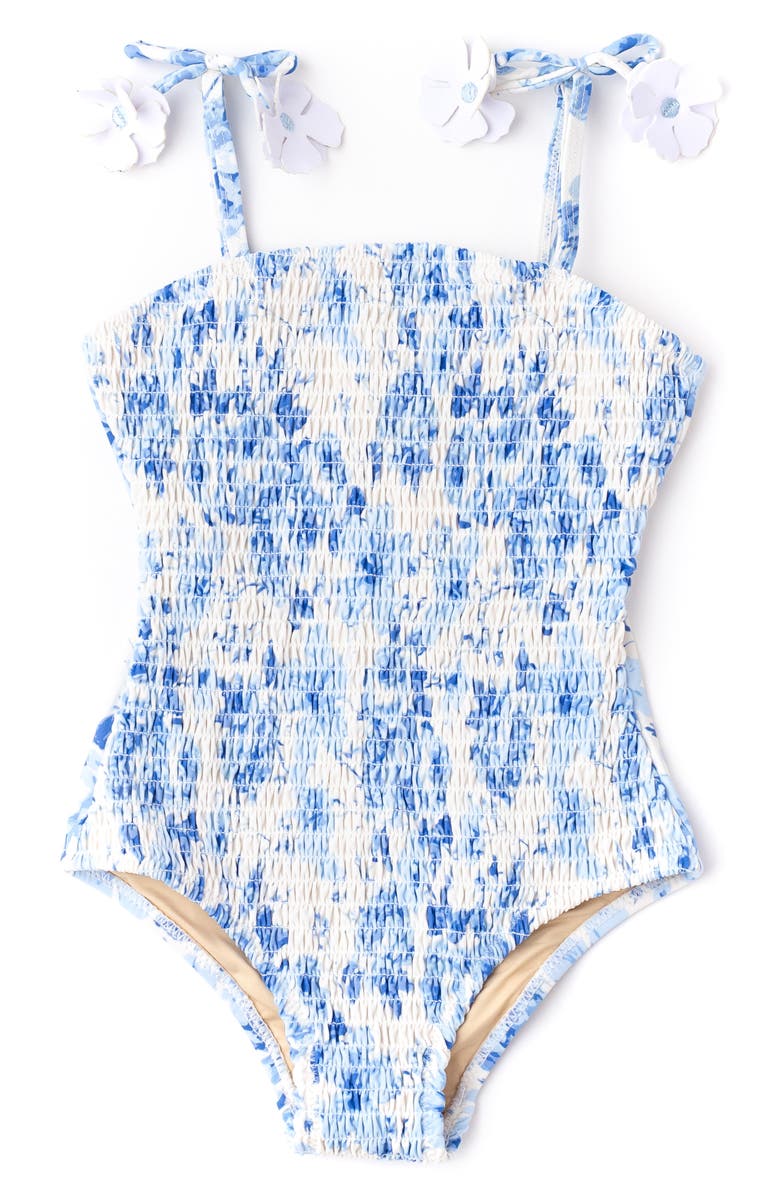 Shade Critters Kids' Hibiscus Rose Smocked One-Piece UPF 50+ Swimsuit, Alternate, color, Blue