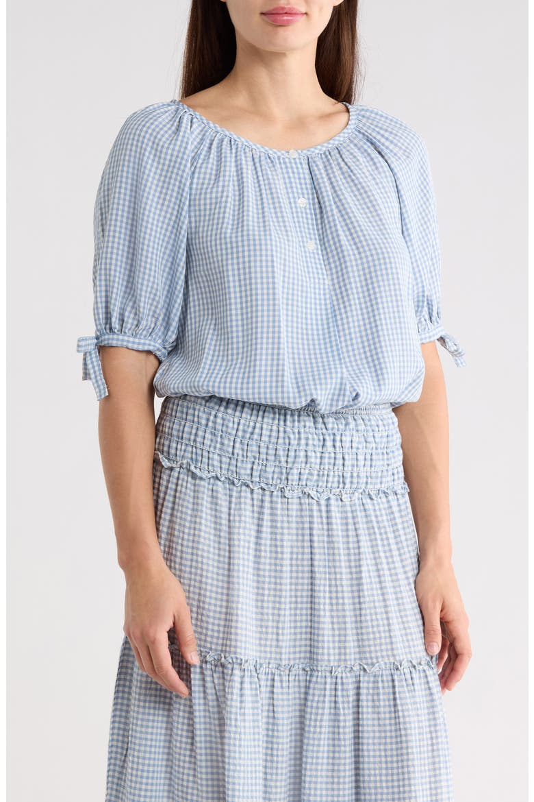 Gingham Bubble Hem Top, Main, color, LIGHT BLUE/ CREAM
