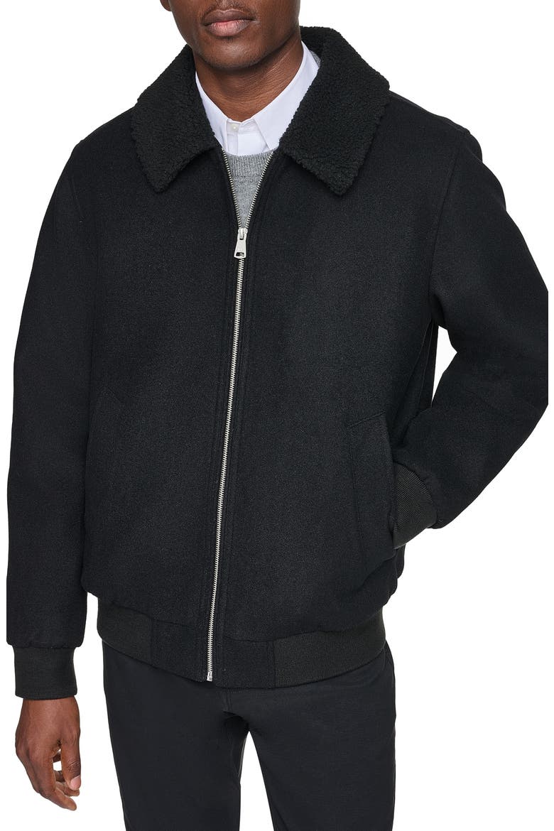 Wool Blend Bomber Jacket with Faux Shearling Collar, Main, color, BLACK