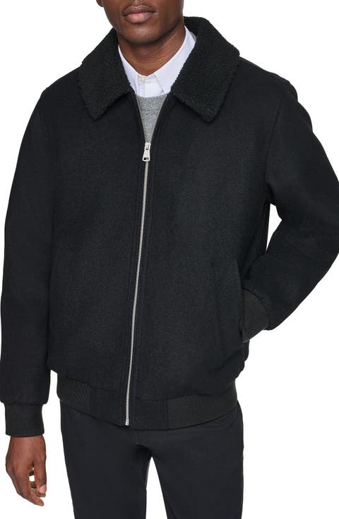 Wool Blend Bomber Jacket with Faux Shearling Collar