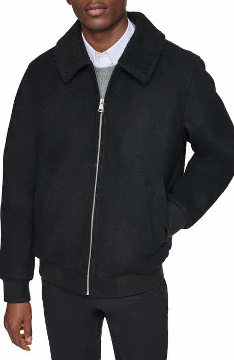 Wool Blend Bomber Jacket with Faux Shearling Collar